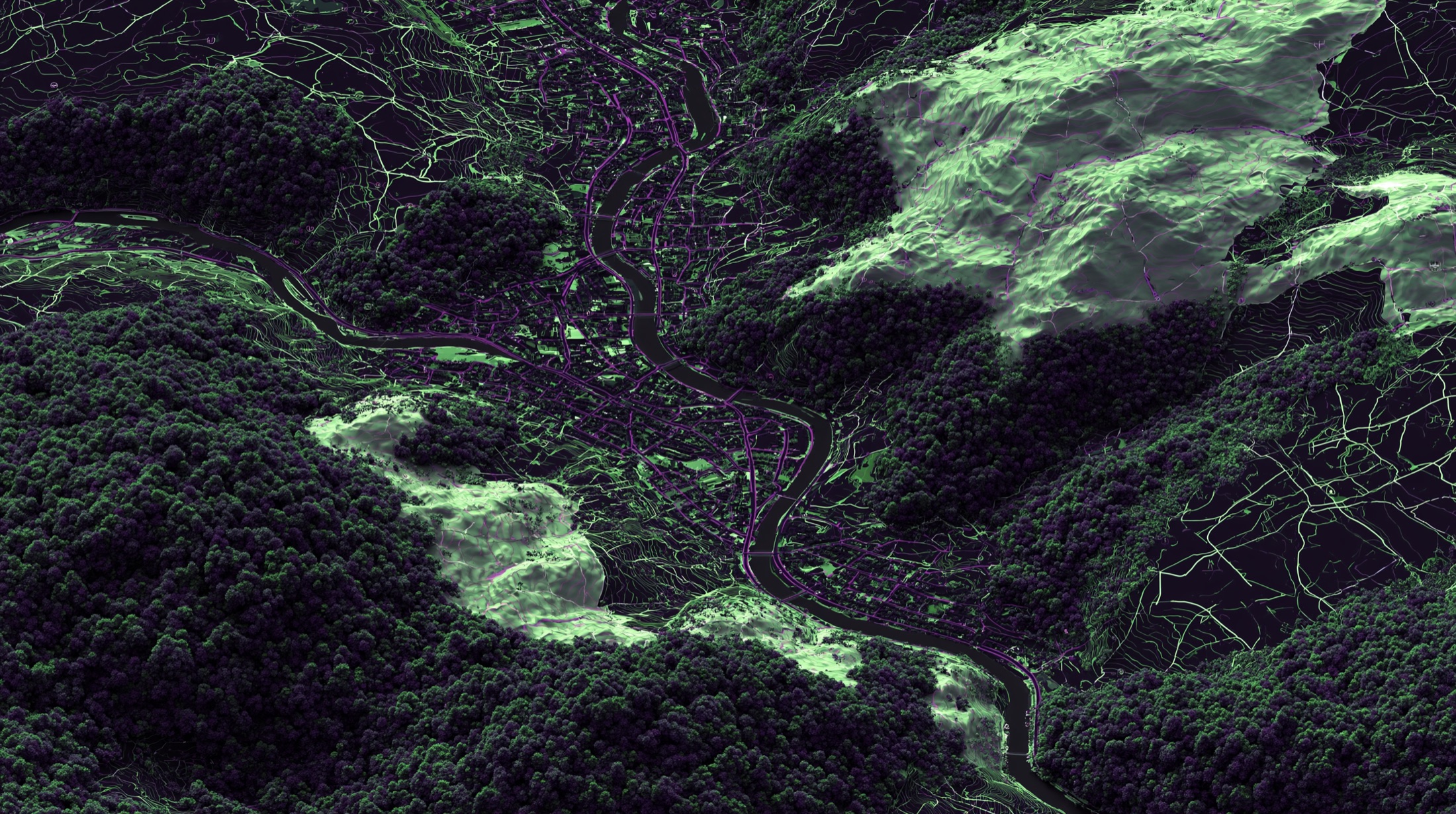 Layered survey relief over a mapped landscape